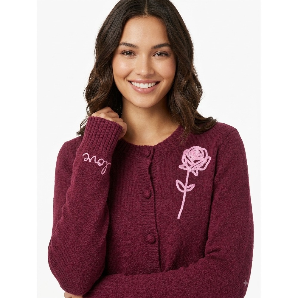 Joie Womens Embroidered Rose Love Cardigan Sweater Burgundy L Crew Neck ButtonUp